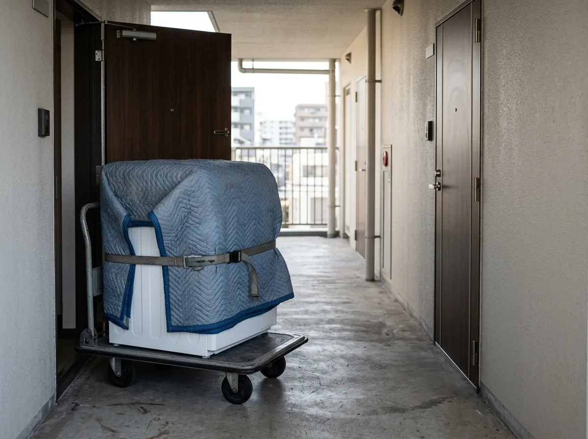 搬出のため養生して台車に載せた洗濯機