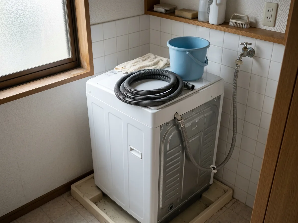 給水ホースと排水ホースを外した縦型洗濯機