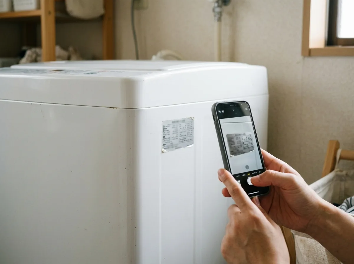 洗濯機の製造年シールをスマホで撮影する様子